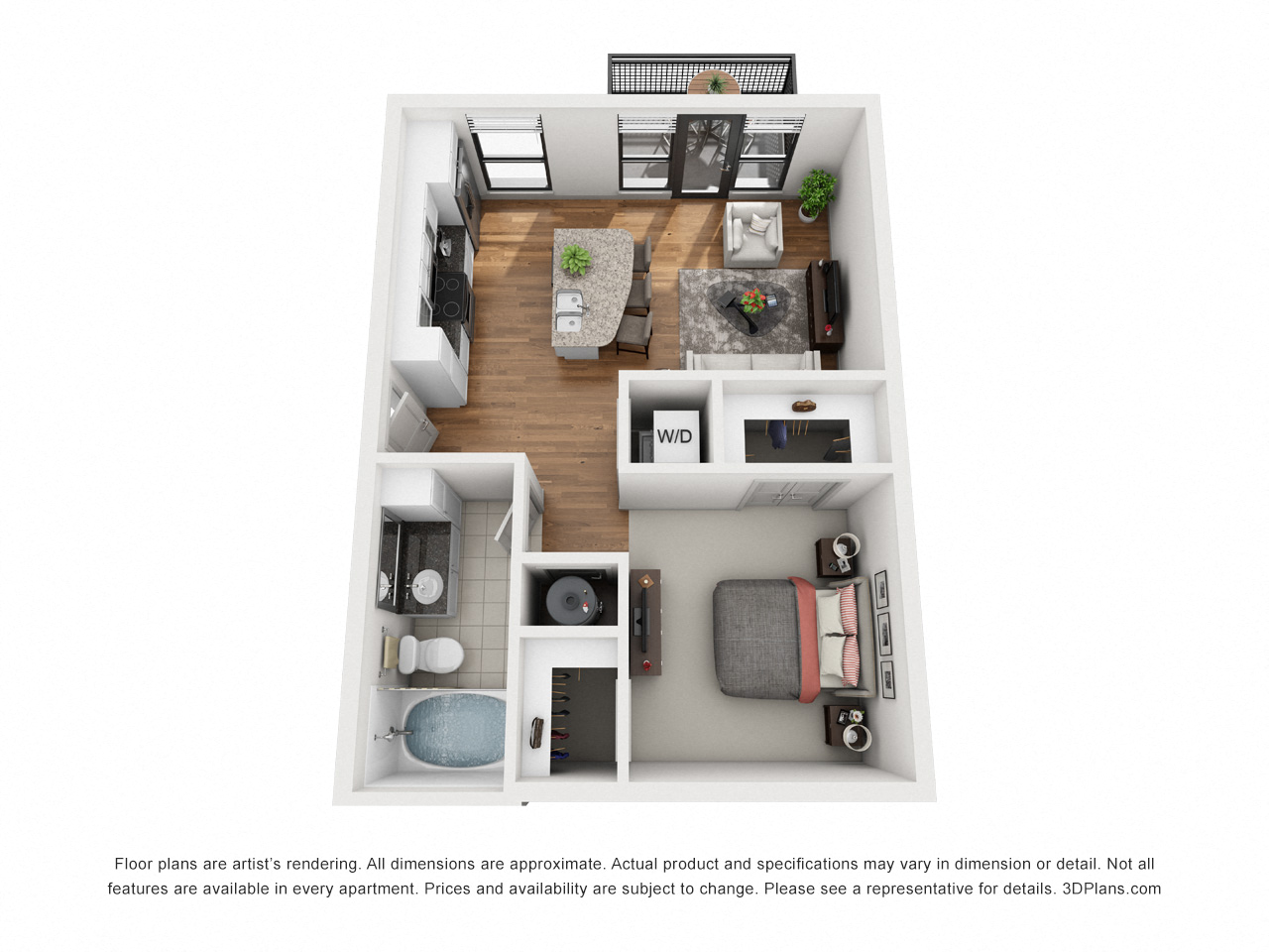 Floor plan for studio, 1 bath, 588 sqft